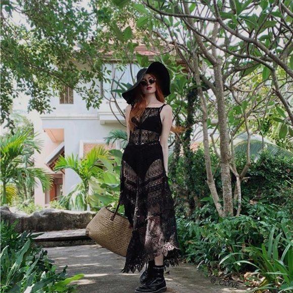 FREE PEOPLE Mitered Meadows Lace Apron Dress Black lace maxi dress - Picture 5 of 5